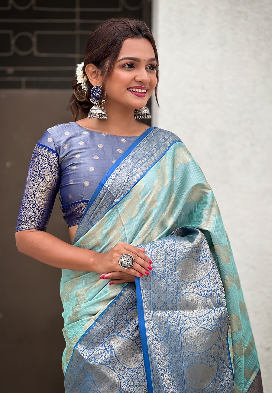 Blue Kanjivaram Soft Tissue Silk Leheriya Traditional Zari Woven Saree