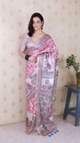 Cream Tussar Silk Floral Madhubani Fusion Printed Saree with Zari Woven Border