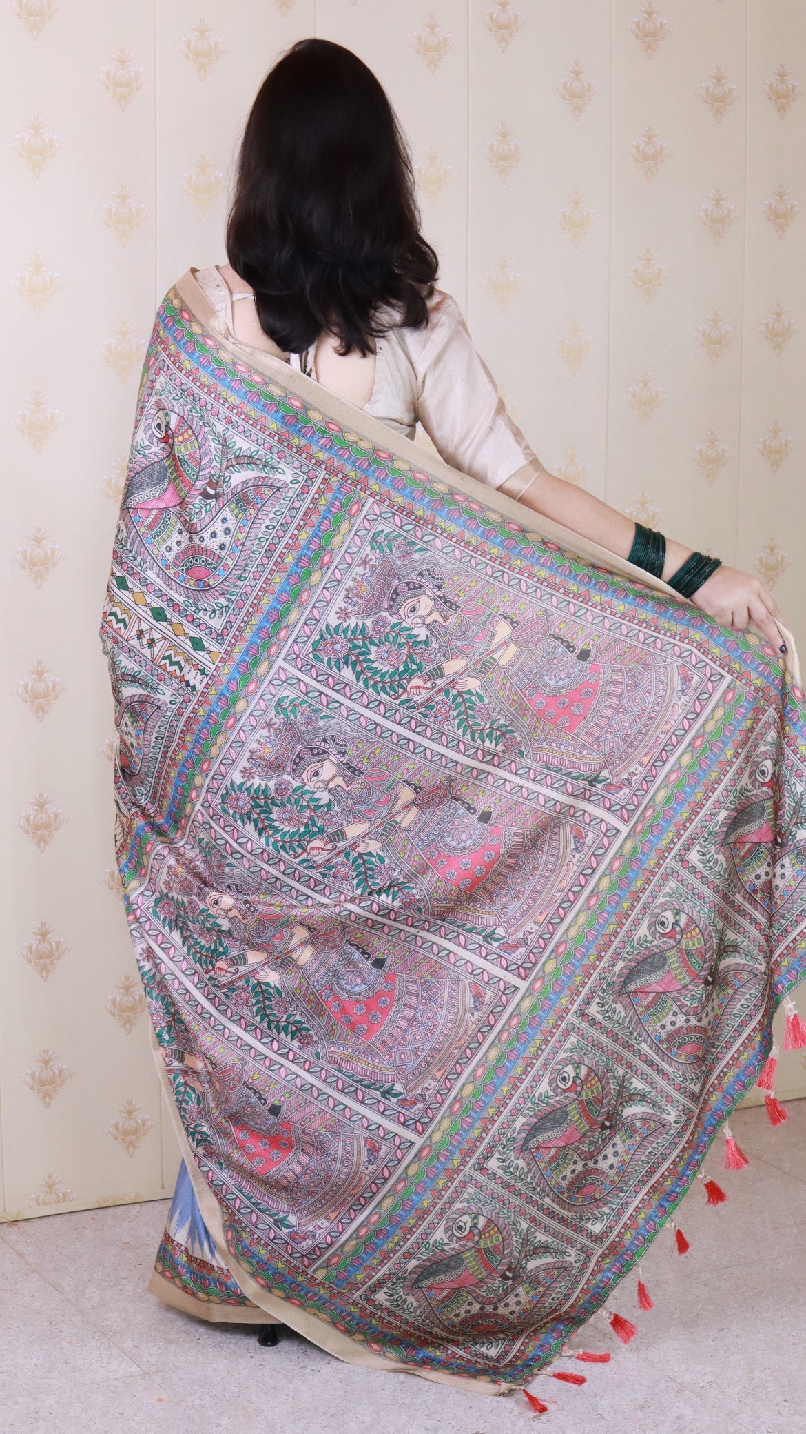Dusty Grey Tussar Silk Madhubani Printed Saree with Zari Woven Border