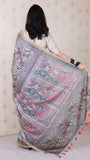 Dusty Grey Tussar Silk Madhubani Printed Saree with Zari Woven Border