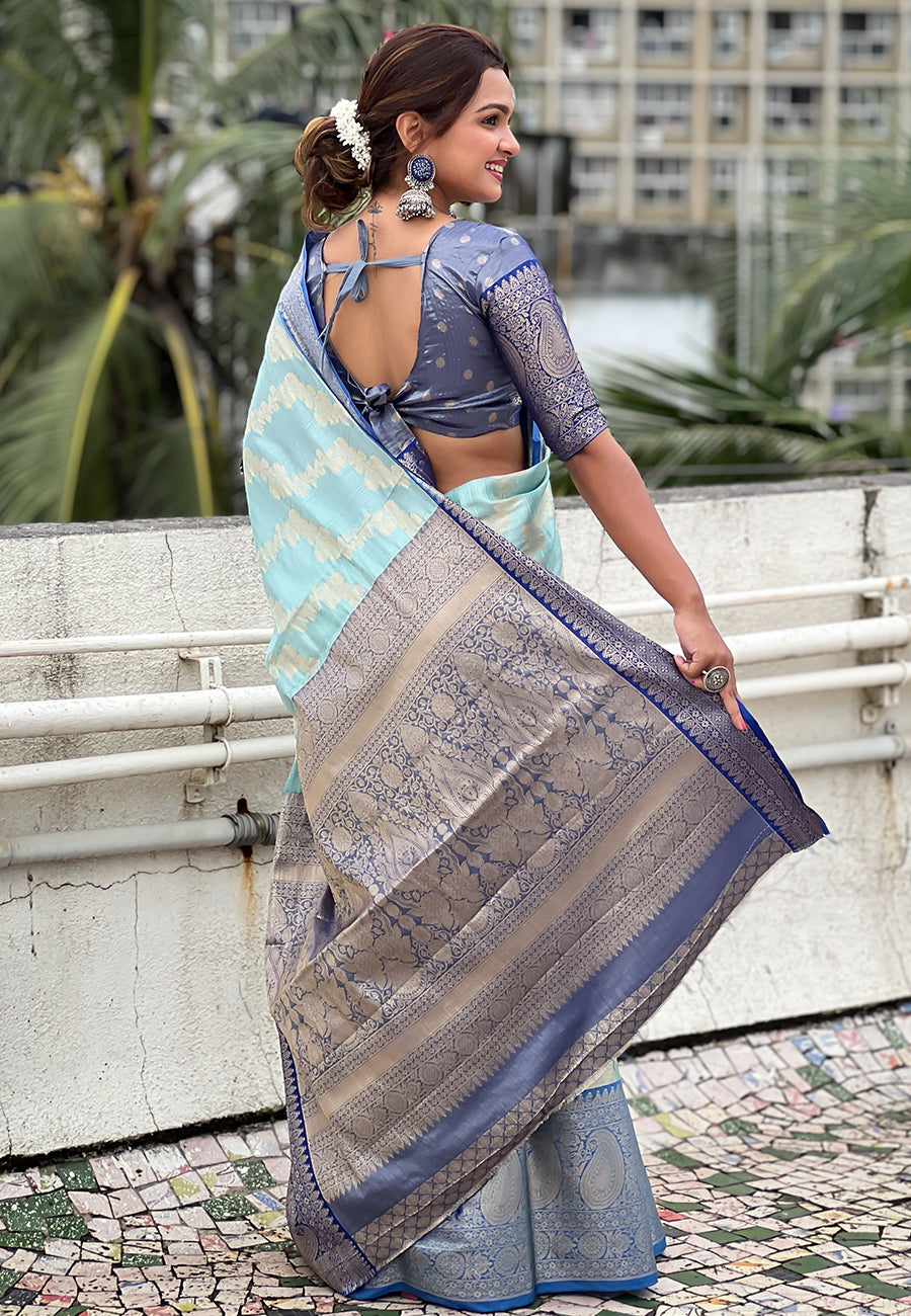 Blue Kanjivaram Soft Tissue Silk Leheriya Traditional Zari Woven Saree