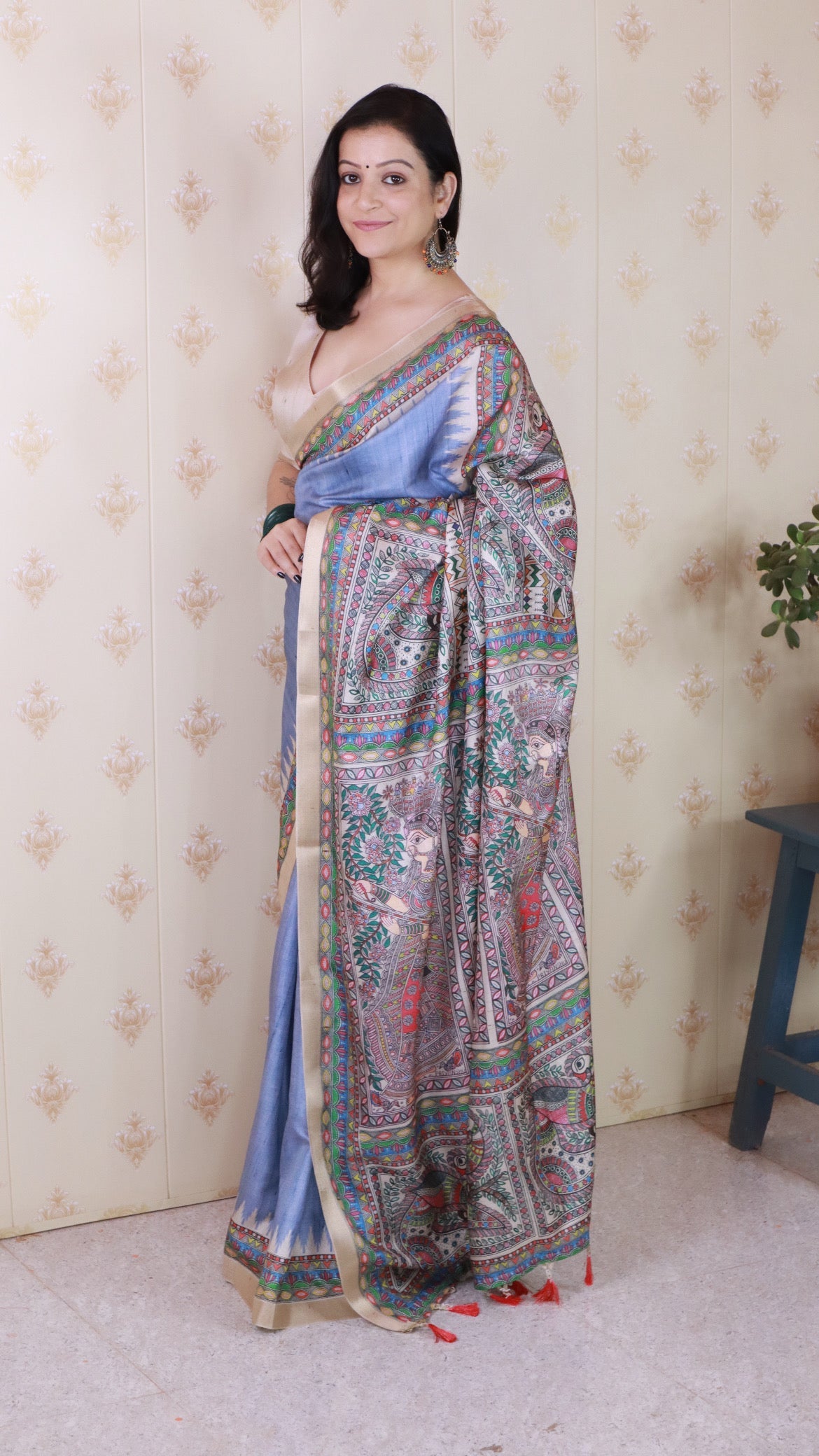 Dusty Grey Tussar Silk Madhubani Printed Saree with Zari Woven Border
