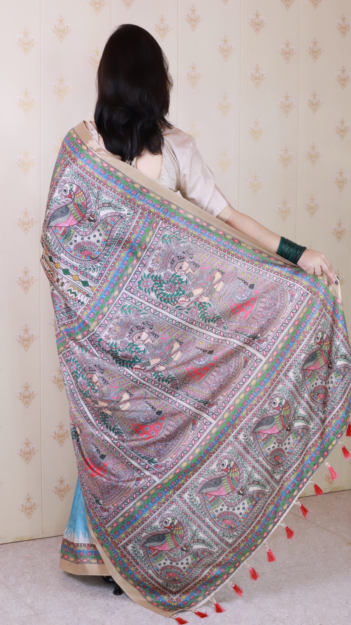 Sky Blue Tussar Silk Dusty Madhubani Printed Saree with Zari Woven Border