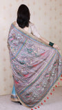 Sky Blue Tussar Silk Dusty Madhubani Printed Saree with Zari Woven Border