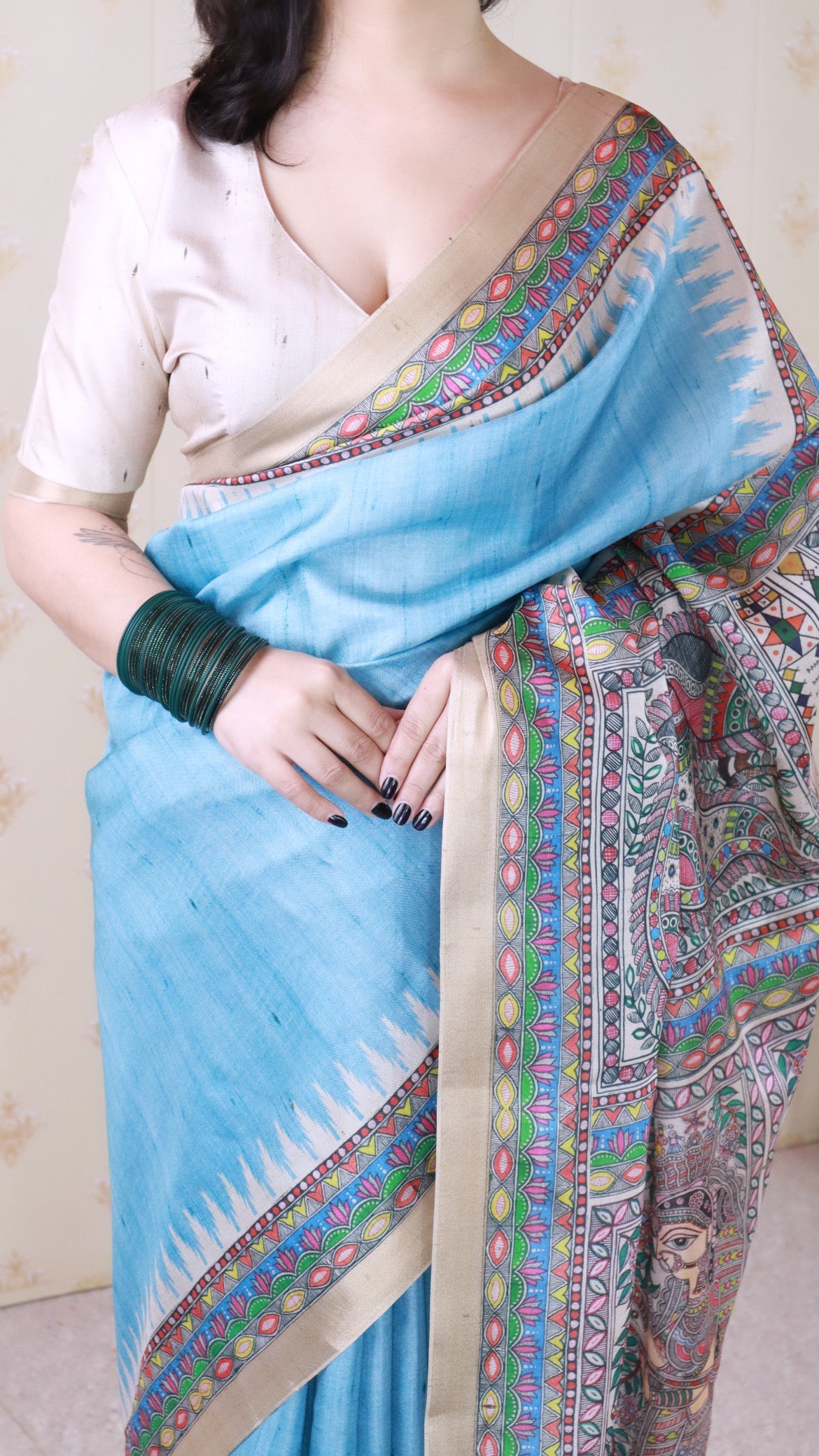 Sky Blue Tussar Silk Dusty Madhubani Printed Saree with Zari Woven Border