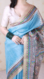 Sky Blue Tussar Silk Dusty Madhubani Printed Saree with Zari Woven Border