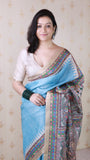Sky Blue Tussar Silk Dusty Madhubani Printed Saree with Zari Woven Border