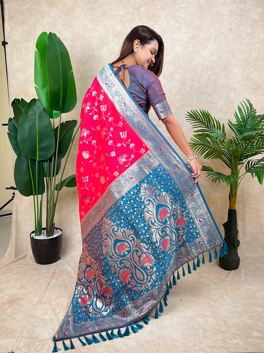 Pink Banarasi Jaal Zari Woven Silk Saree