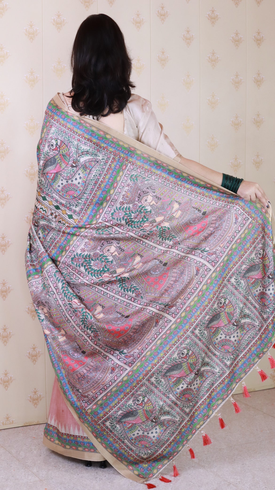 Dusty Peach Tussar Silk Madhubani Printed Saree with Zari Woven Border