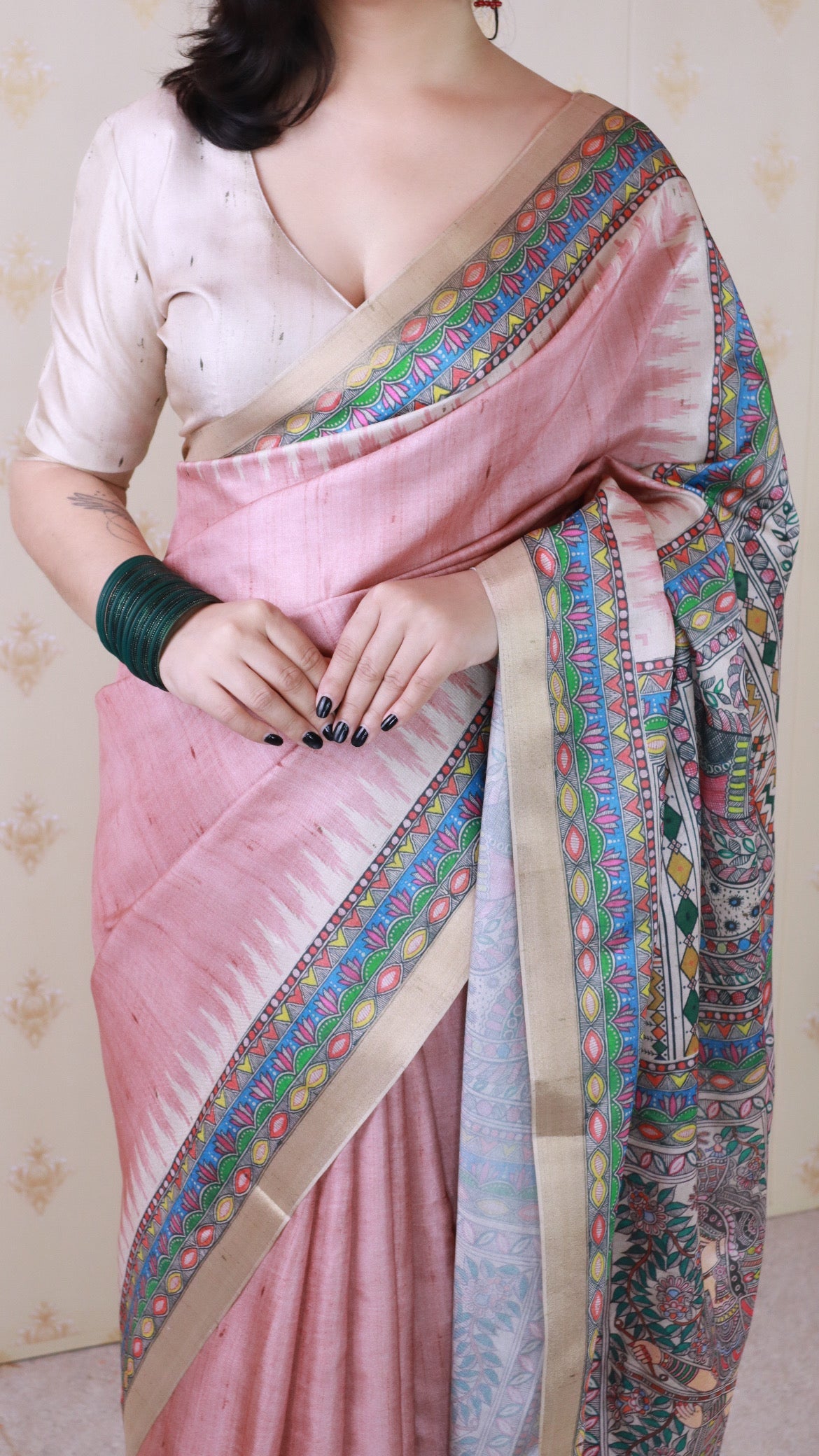 Dusty Peach Tussar Silk Madhubani Printed Saree with Zari Woven Border