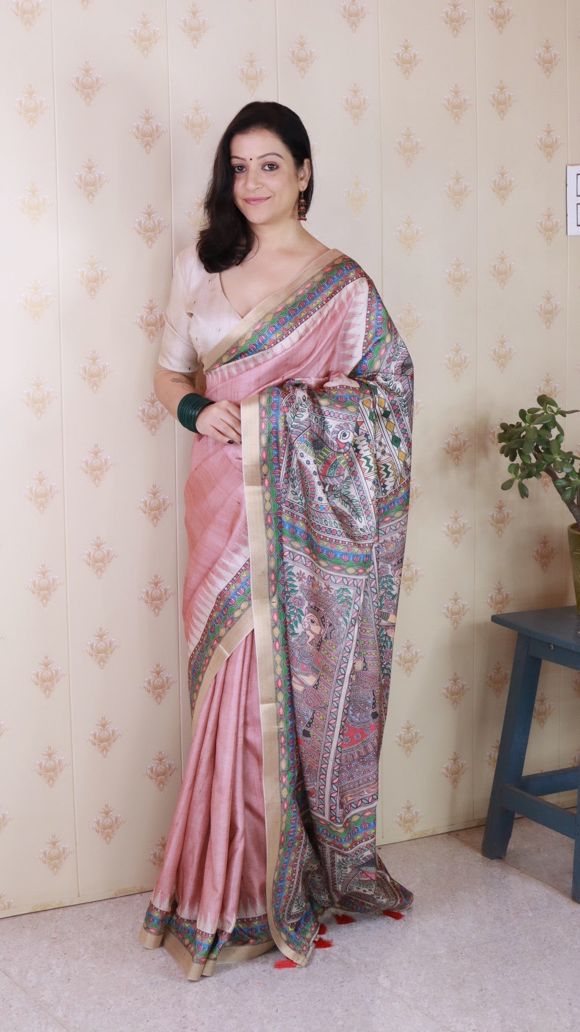 Dusty Peach Tussar Silk Madhubani Printed Saree with Zari Woven Border