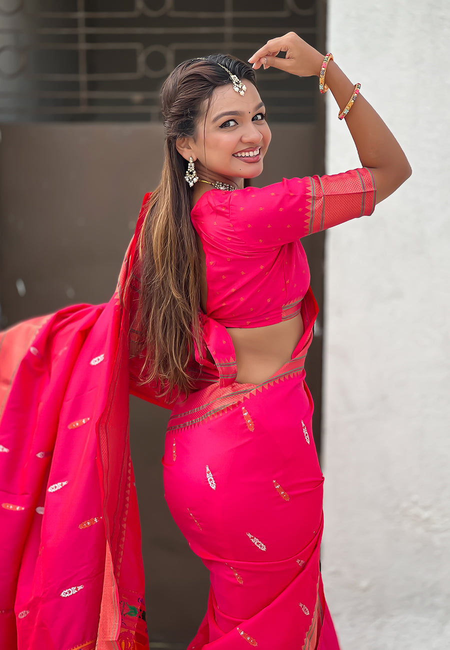 Pink Dual Zari Woven Yeola Traditional Paithani Silk Saree