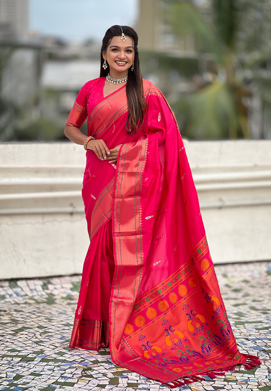 Pink Dual Zari Woven Yeola Traditional Paithani Silk Saree
