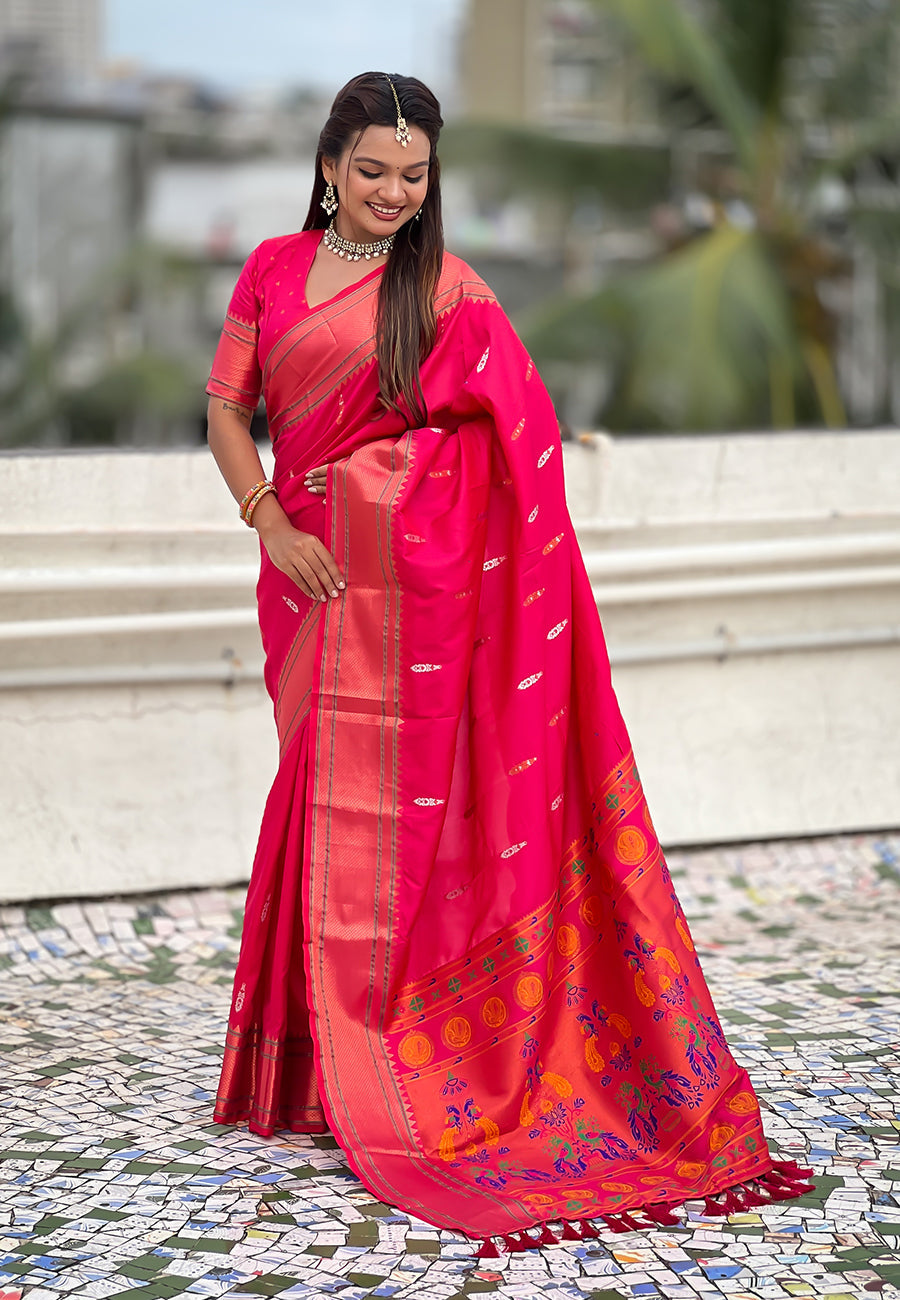 Pink Dual Zari Woven Yeola Traditional Paithani Silk Saree