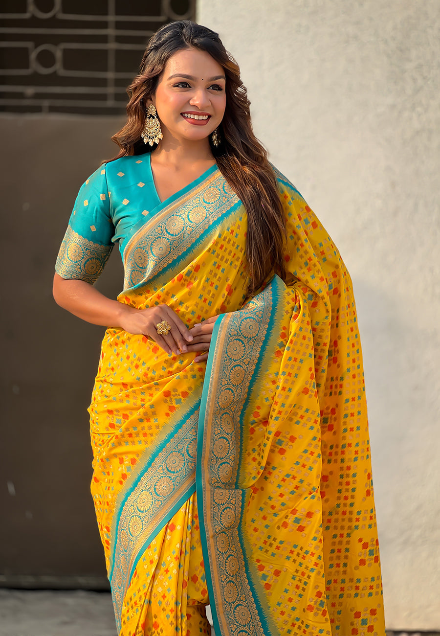 Yellow Soft Silk Zari Woven Premium Patola Saree with Contrast Weaves