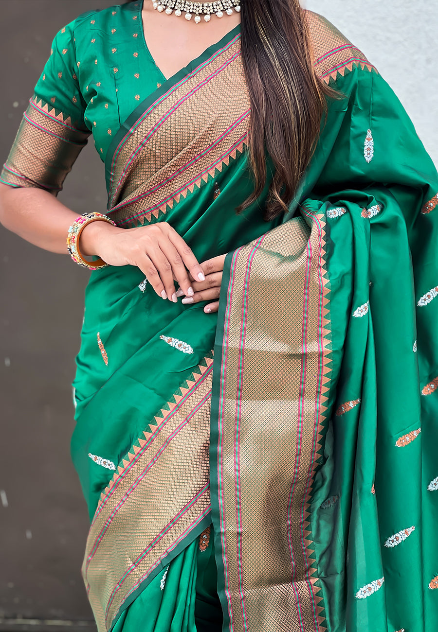 Green Dual Zari Woven Yeola Traditional Paithani Silk Saree