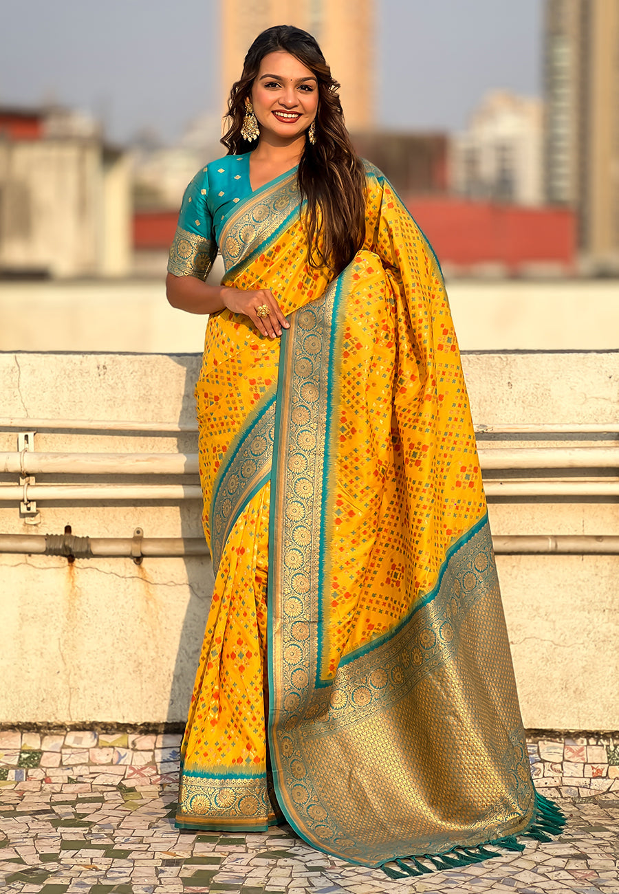 Yellow Soft Silk Zari Woven Premium Patola Saree with Contrast Weaves