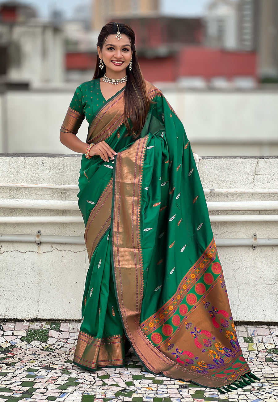 Green Dual Zari Woven Yeola Traditional Paithani Silk Saree