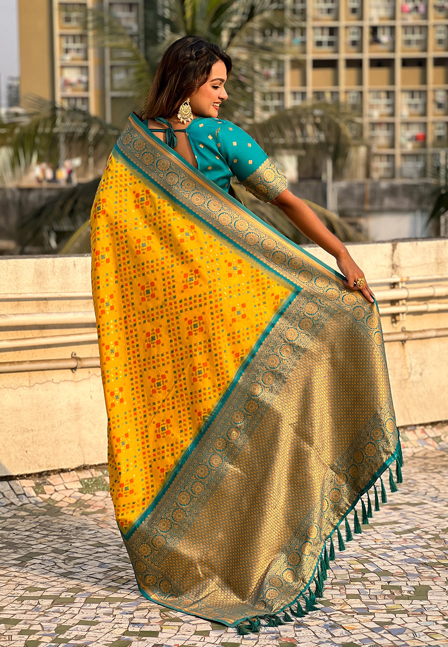 Yellow Soft Silk Zari Woven Premium Patola Saree with Contrast Weaves