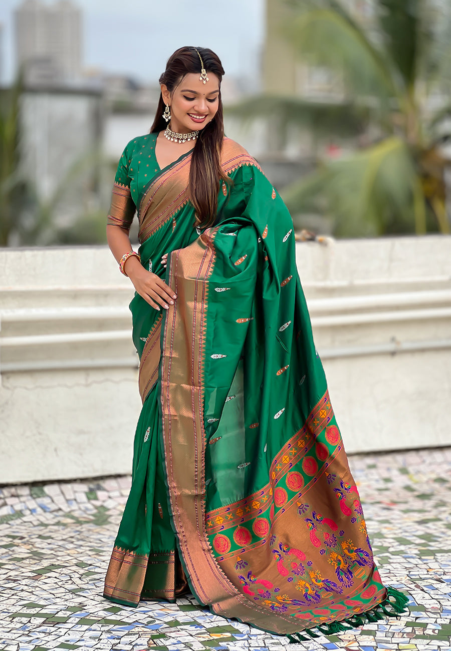 Green Dual Zari Woven Yeola Traditional Paithani Silk Saree