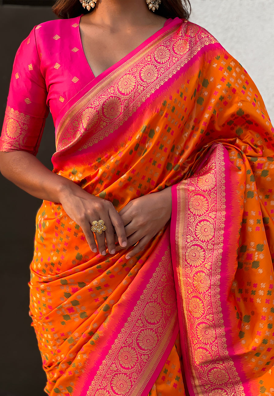 Orange Soft Silk Zari Woven Premium Patola Saree with Contrast Weaves