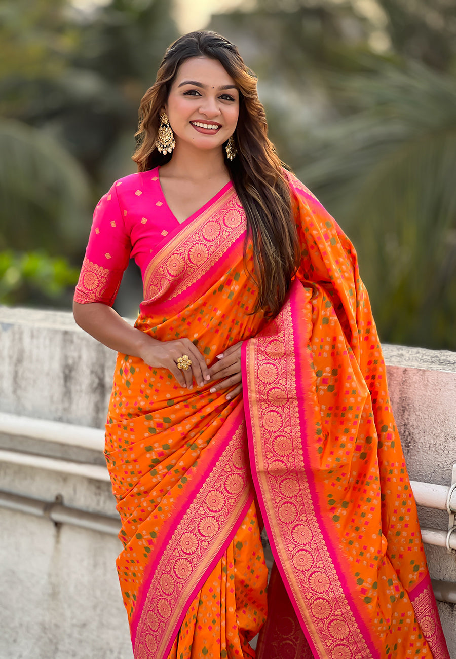 Orange Soft Silk Zari Woven Premium Patola Saree with Contrast Weaves