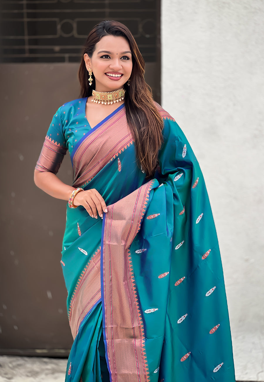 Sea Green Dual Zari Woven Yeola Traditional Paithani Silk Saree
