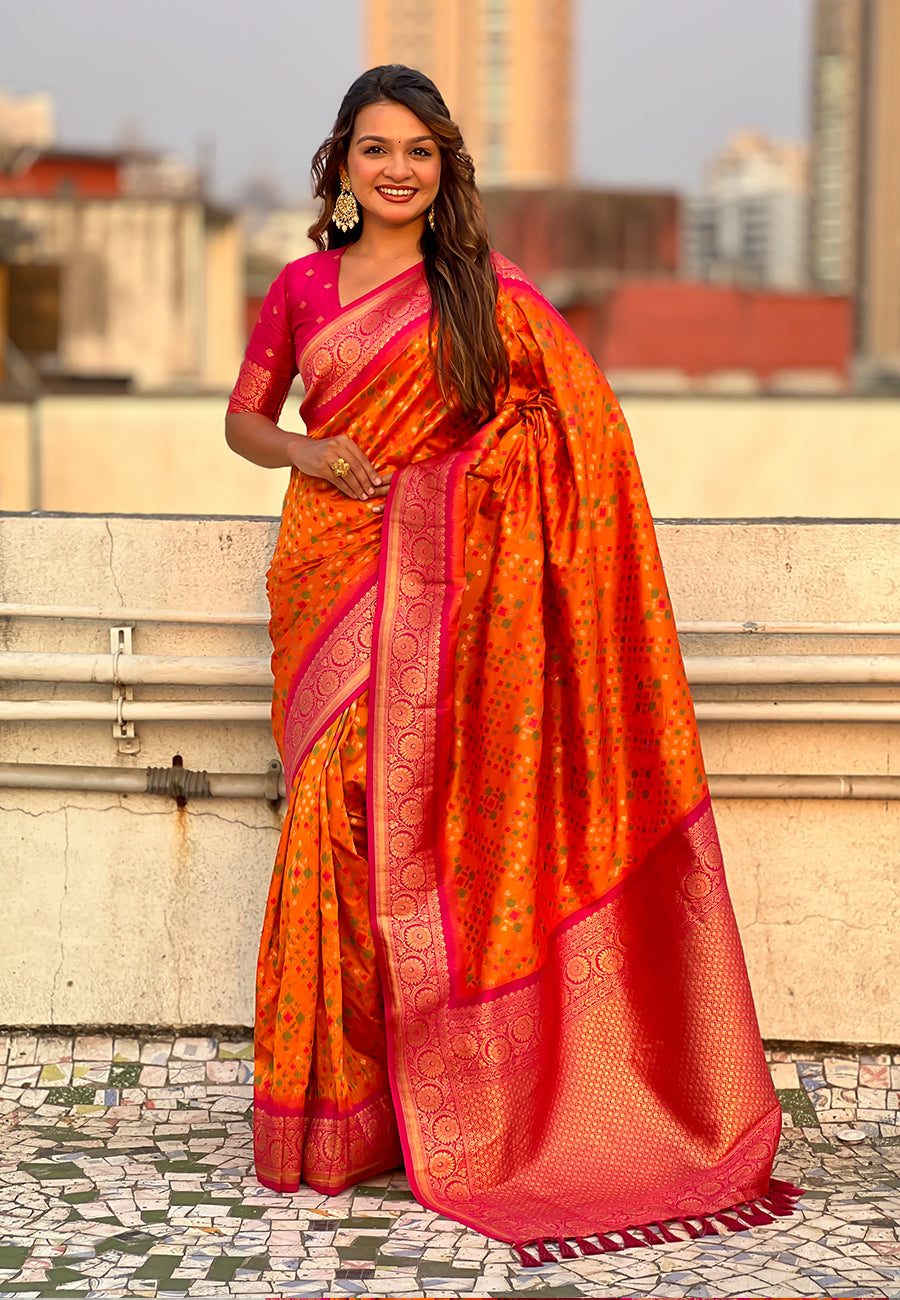 Orange Soft Silk Zari Woven Premium Patola Saree with Contrast Weaves