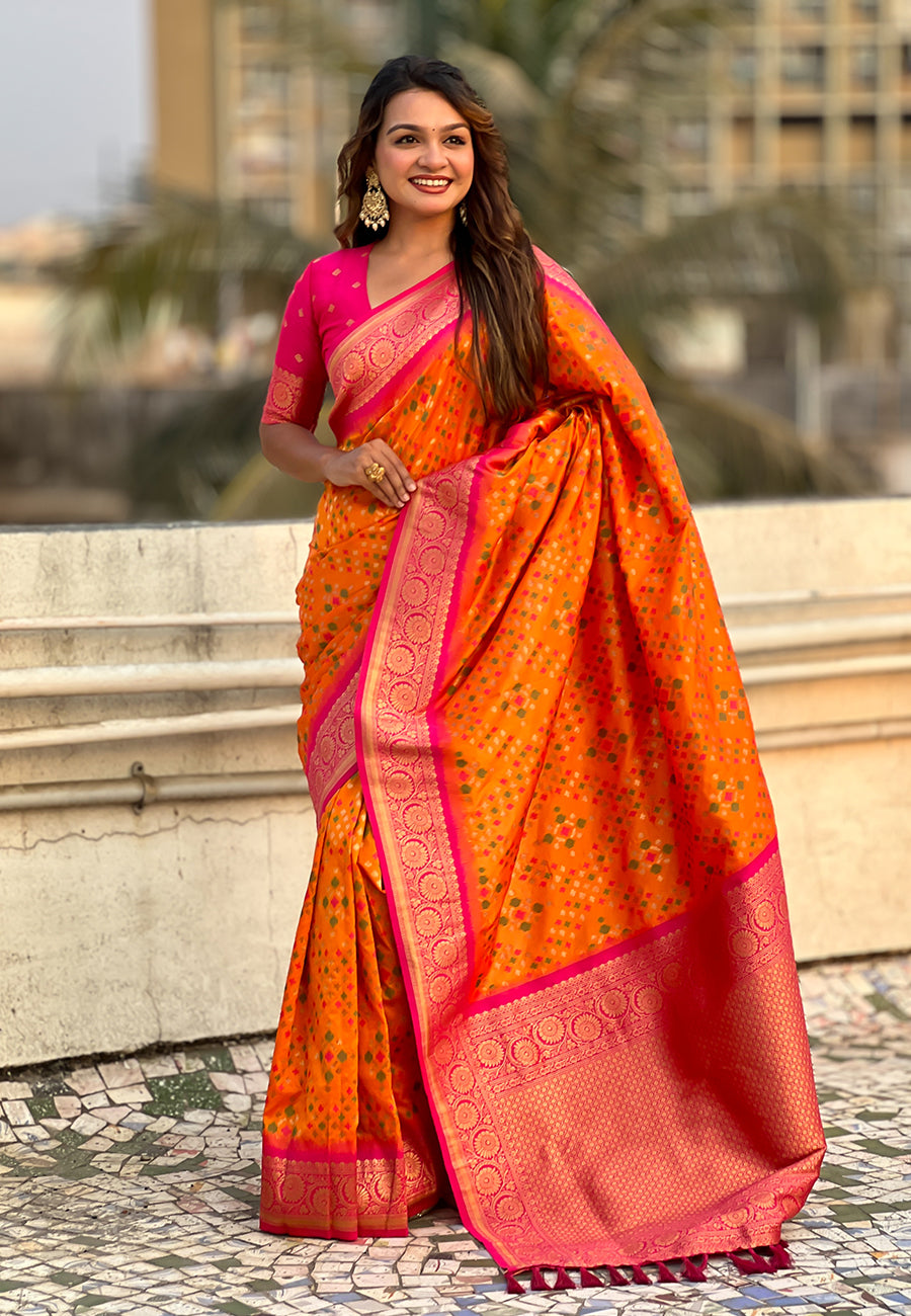 Orange Soft Silk Zari Woven Premium Patola Saree with Contrast Weaves