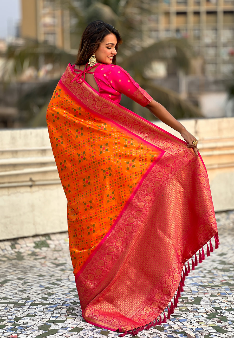 Orange Soft Silk Zari Woven Premium Patola Saree with Contrast Weaves