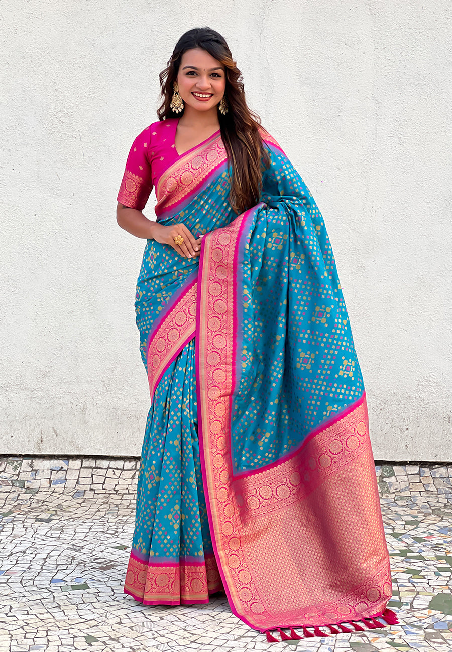 Sky Blue Soft Silk Zari Woven Premium Patola Saree with Contrast Weaves