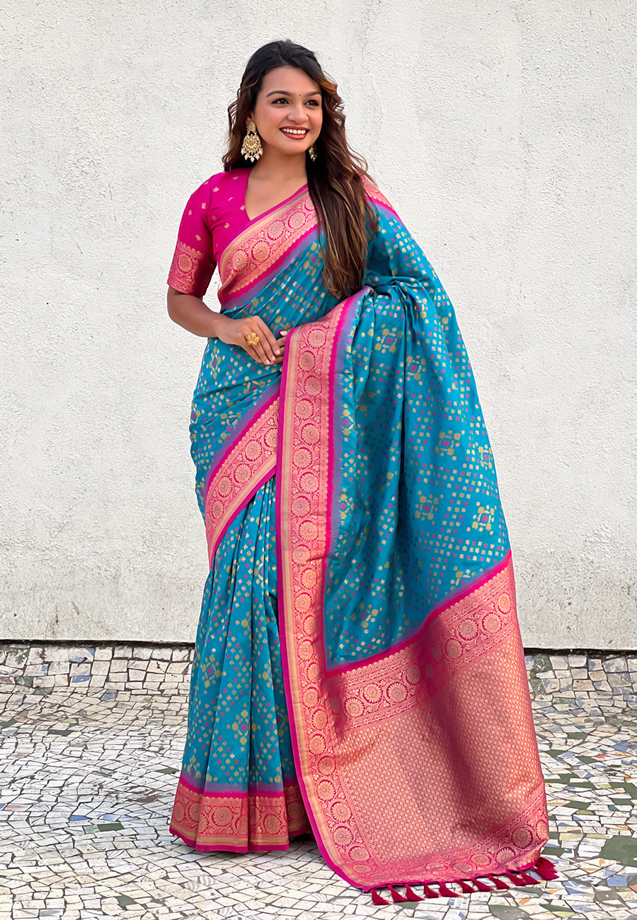 Sky Blue Soft Silk Zari Woven Premium Patola Saree with Contrast Weaves