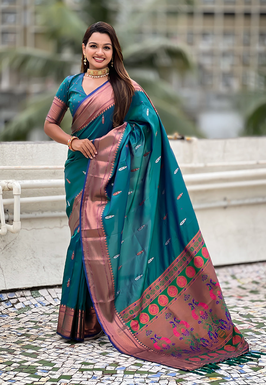 Sea Green Dual Zari Woven Yeola Traditional Paithani Silk Saree