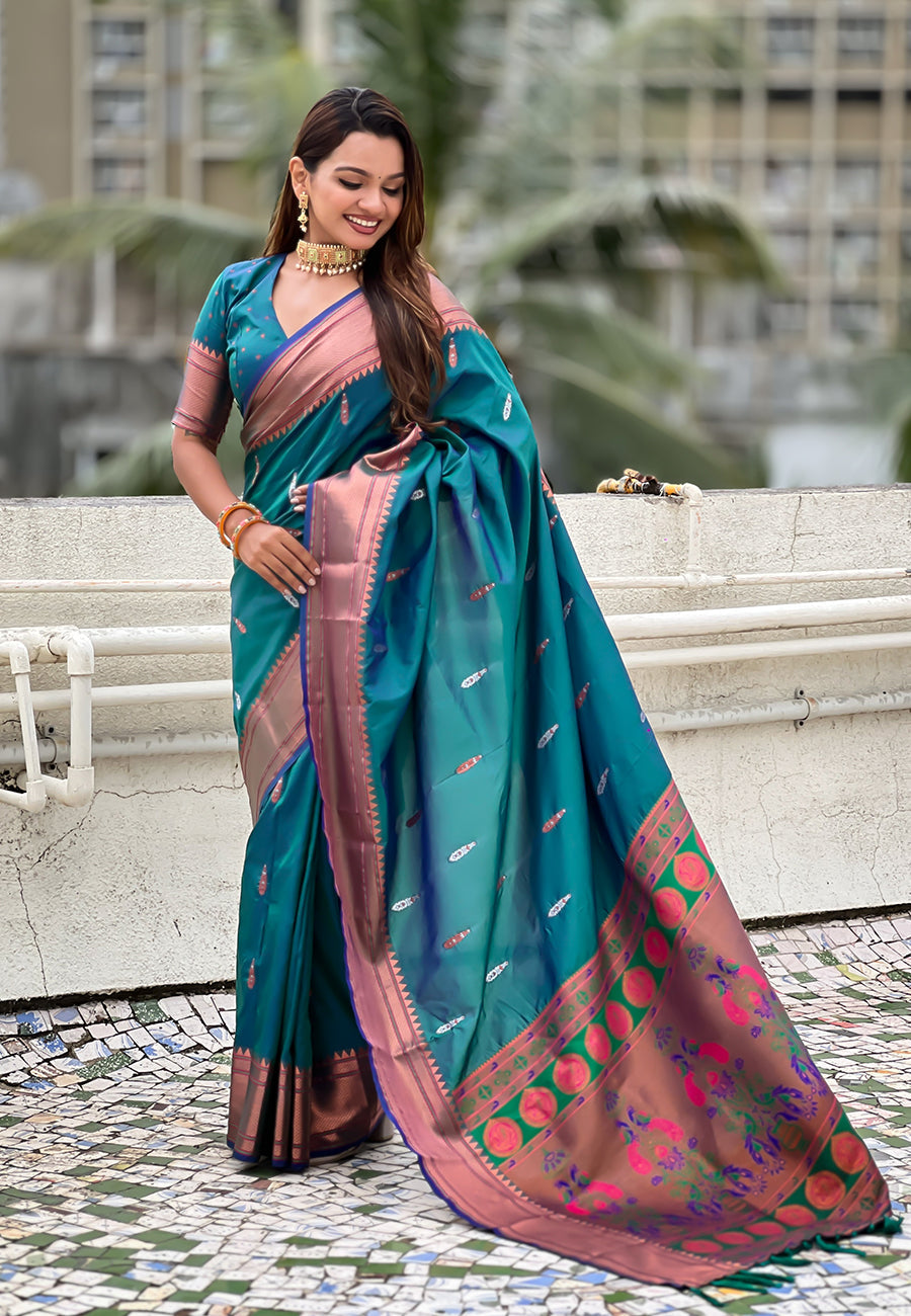 Sea Green Dual Zari Woven Yeola Traditional Paithani Silk Saree