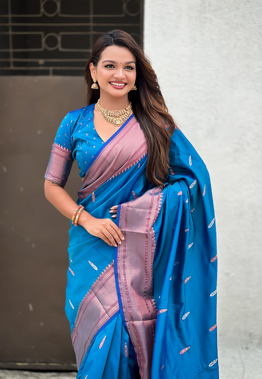 Blue Dual Zari Woven Yeola Traditional Paithani Silk Saree
