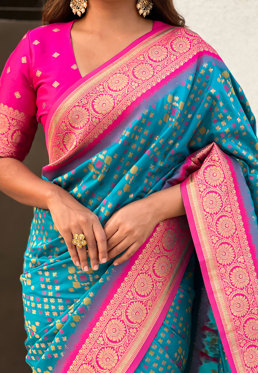 Sky Blue Soft Silk Zari Woven Premium Patola Saree with Contrast Weaves
