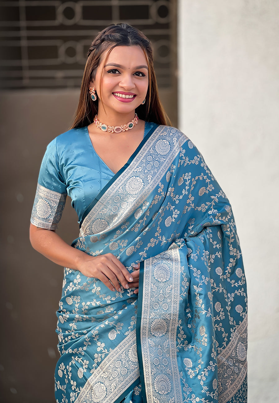 Butterfly Blue Banarasi Jaal Satin Silk Pink Zari Woven Saree