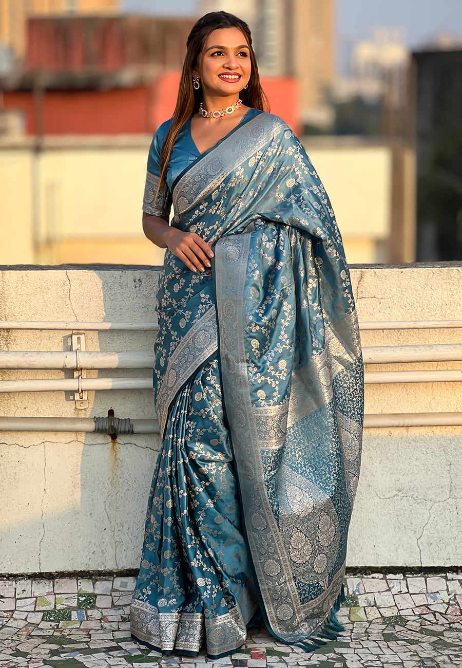 Butterfly Blue Banarasi Jaal Satin Silk Pink Zari Woven Saree