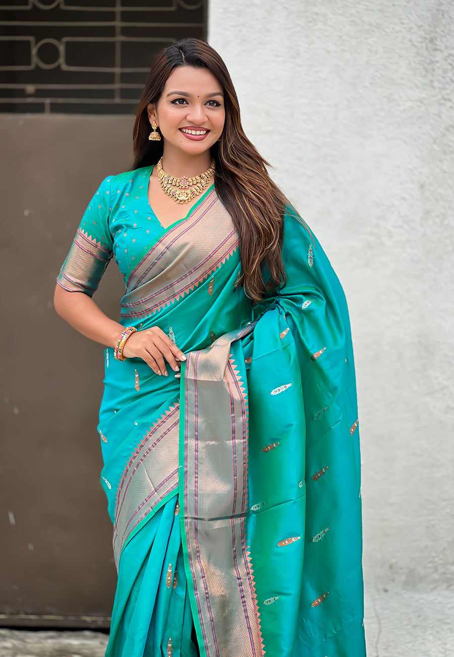 Aqua Blue Dual Zari Woven Yeola Traditional Paithani Silk Saree