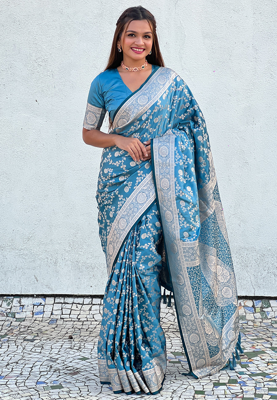 Butterfly Blue Banarasi Jaal Satin Silk Pink Zari Woven Saree
