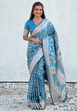 Butterfly Blue Banarasi Jaal Satin Silk Pink Zari Woven Saree