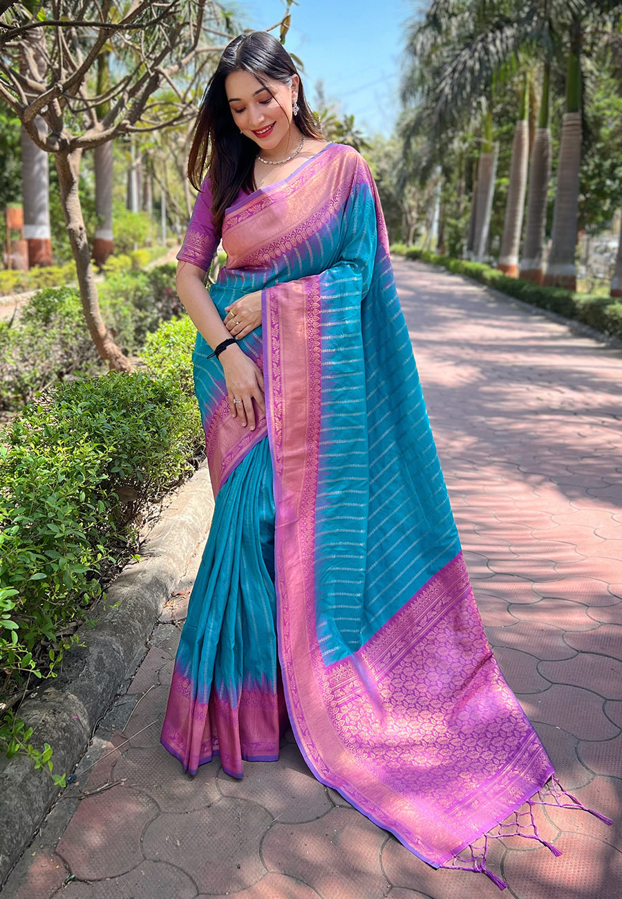 Light Blue Soft Silk Floral Border Contrast Zari Woven Saree