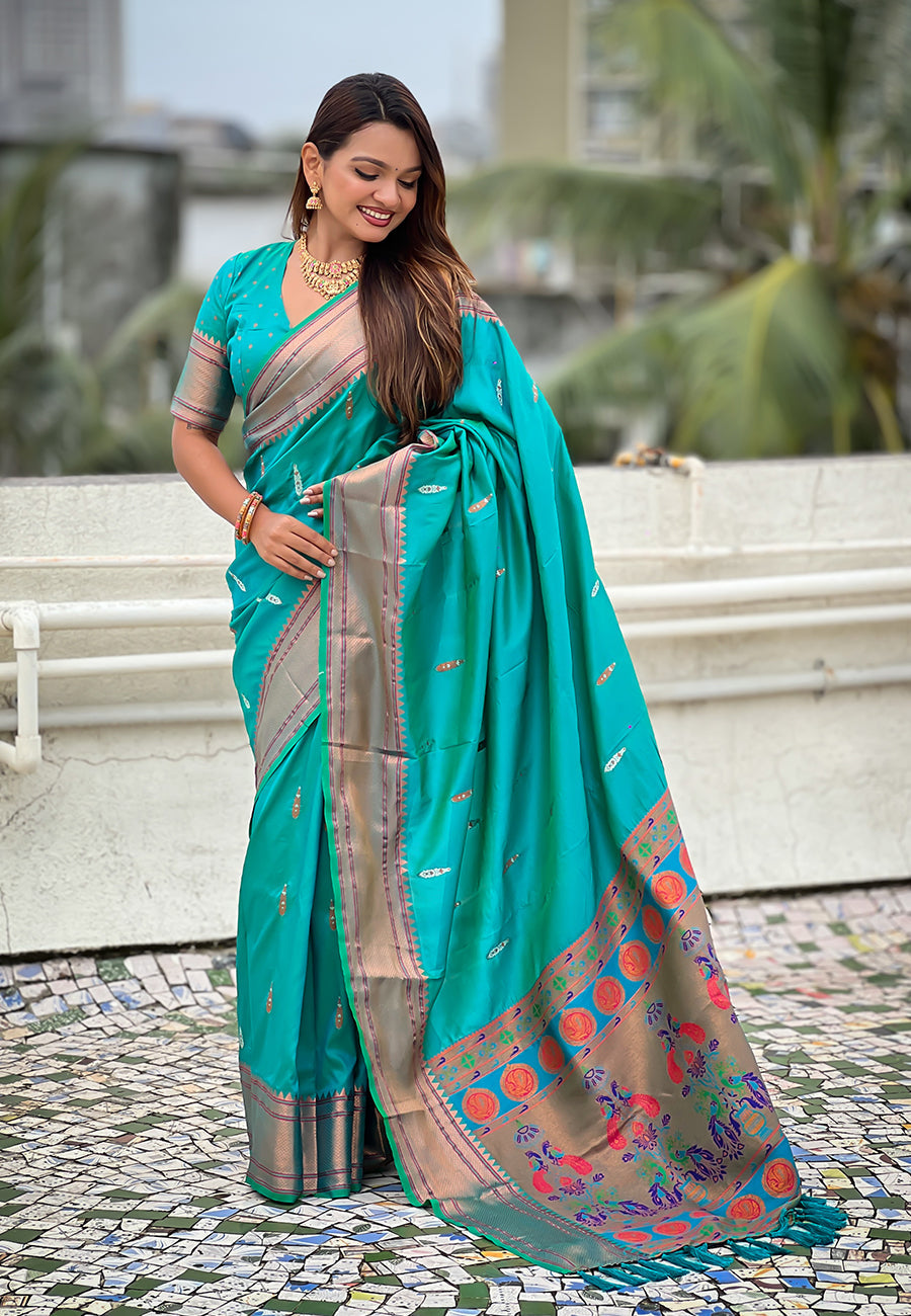 Aqua Blue Dual Zari Woven Yeola Traditional Paithani Silk Saree