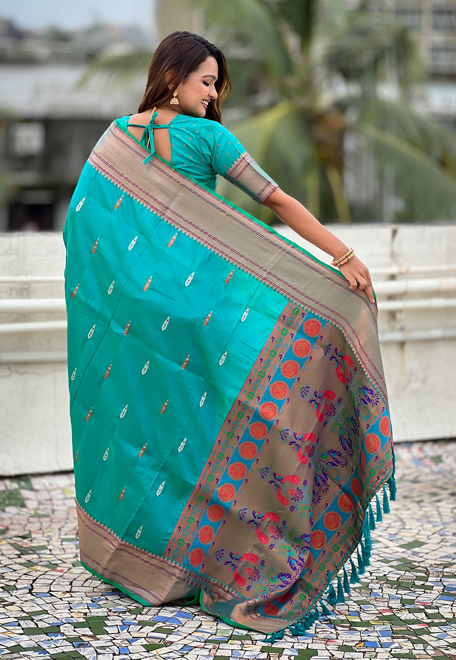 Aqua Blue Dual Zari Woven Yeola Traditional Paithani Silk Saree
