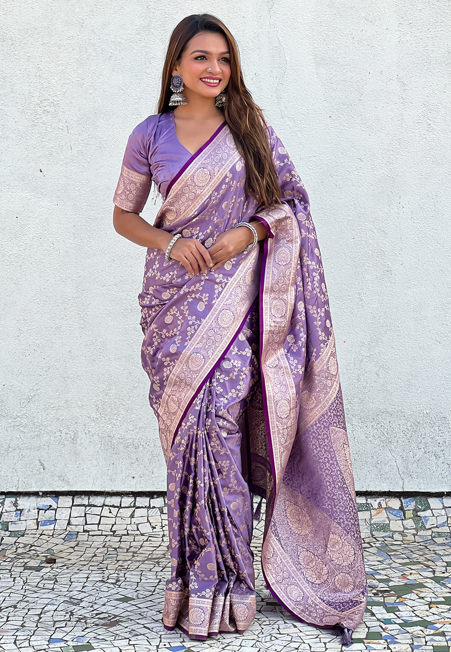 Lavender Banarasi Jaal Satin Silk Pink Zari Woven Saree