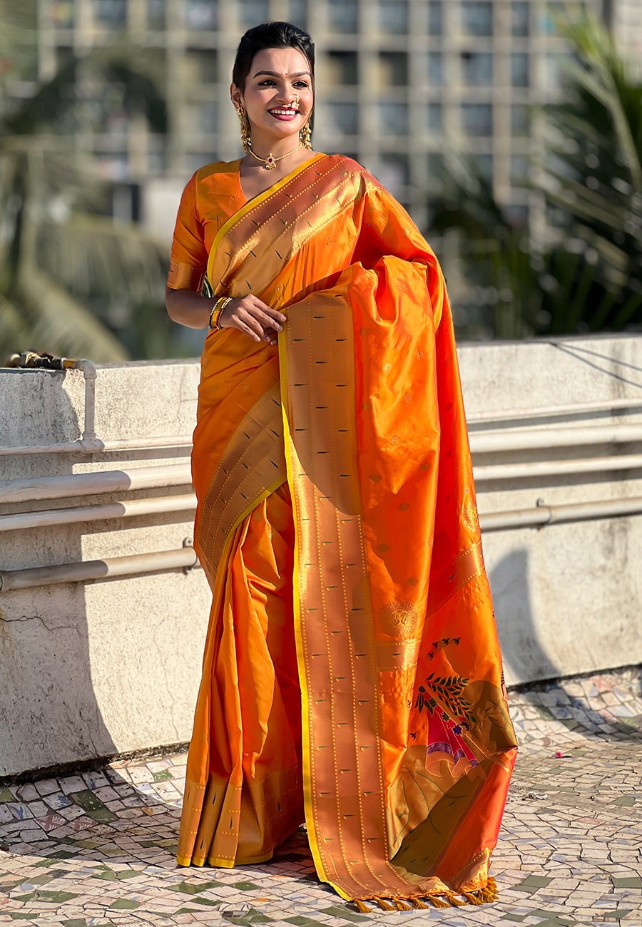 Orange Zari Woven Gudi Padwa Special Paithani Silk Saree