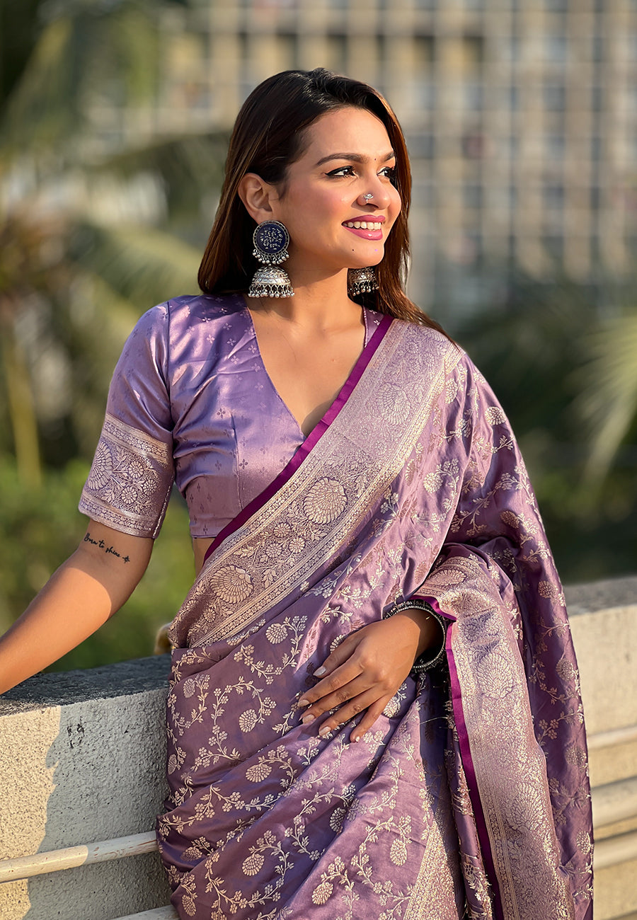 Lavender Banarasi Jaal Satin Silk Pink Zari Woven Saree