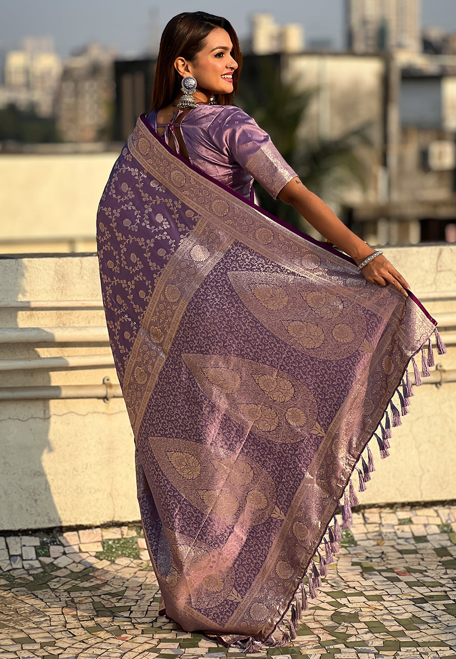 Lavender Banarasi Jaal Satin Silk Pink Zari Woven Saree