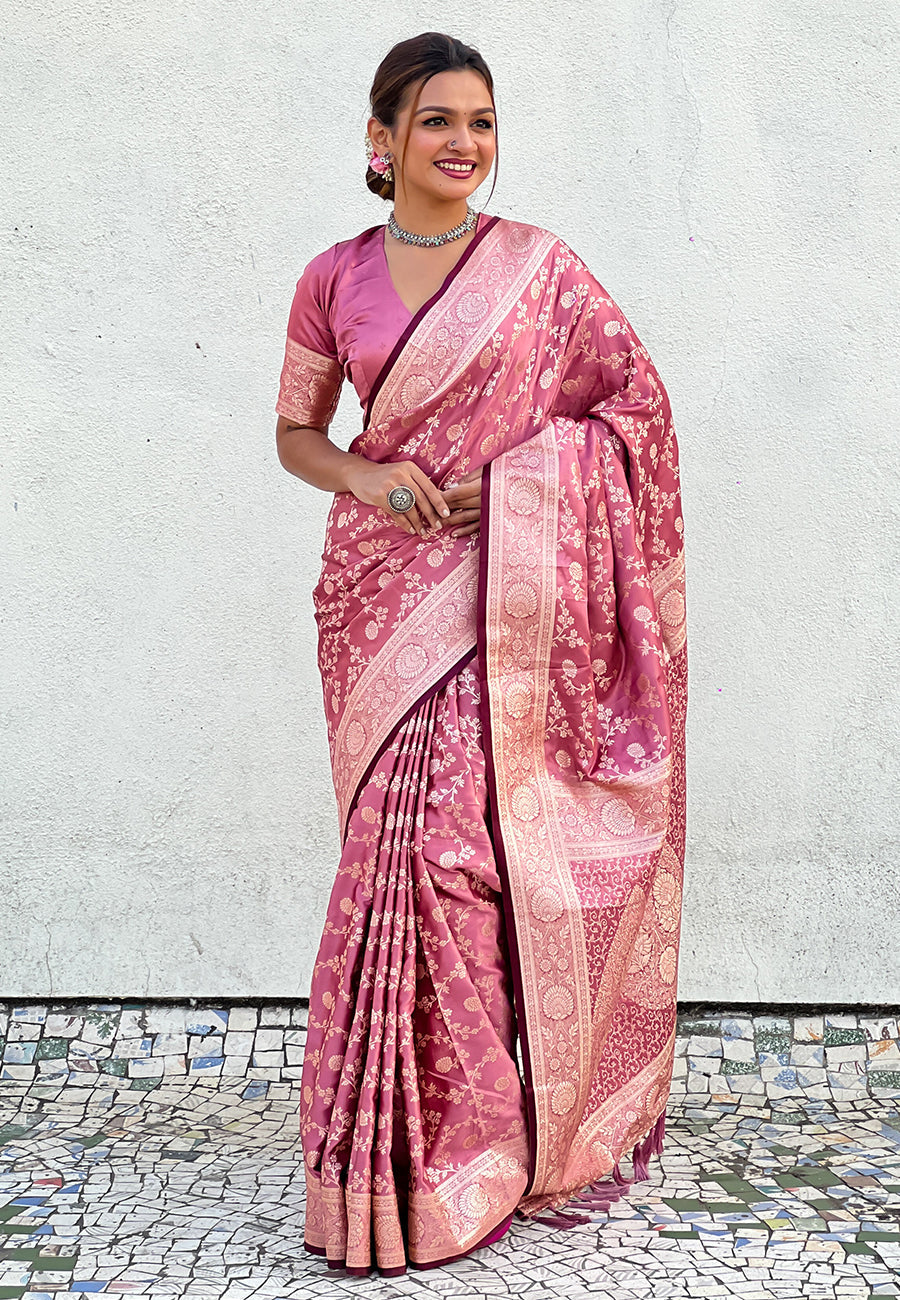 Pink Banarasi Jaal Satin Silk Pink Zari Woven Saree