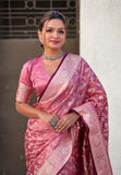 Pink Banarasi Jaal Satin Silk Pink Zari Woven Saree